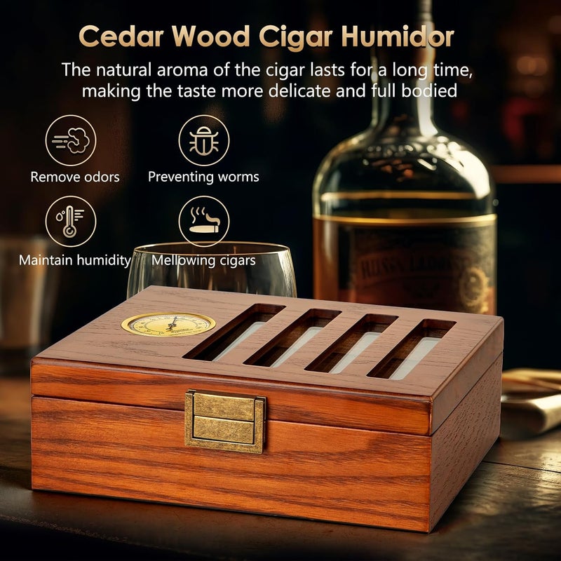 SEMKONT Cigar Humidor, Antique Locking Cedar Wood Desktop Cigar Case, Strip View Window Glass Top Cigar Storage Case,with Humidifier and Hygrometer,Hold 20-25 Cigars - Image 4